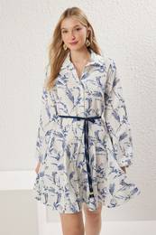 Ecru Floral Mini 100% Cotton Woven Dress with Open Waist Skirt