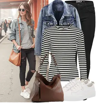 Jeans Outfits Winter mit Dunkelblau/Weiß/Schwarz/Braun/Grün Rollkragenshirt/Ringelshirt Pieces "Cooler Look für den Frühling"