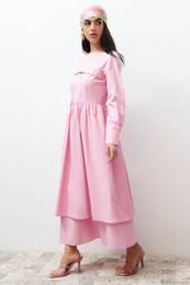 Pink Front Detailed Plain Woven Dress
