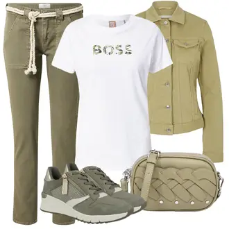 Outfit mit Dunkelgrün/Khaki Straight Leg Jean/Cargojeans/Cropped Jeans/T-Shirt/Formelles Hemd/Lederjacke/Slim Fit Jeans/Sweatjeans/Tapered-Jeans/Herren Lederjacke/Boyfriend Hose/Freizeithose/Baumwollhose/Leinenhose/Musselin Hose/Hose mit Schlitz/Paperbag Hose/Twill Hose le temps des cerises "Herbst Outfit für den Alltag"