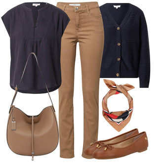 Outfit mit Braun Ledermantel/Slim Fit Jeans/Accessoire/Schultertasche Tamaris "Cooles Alltagsoutfit"