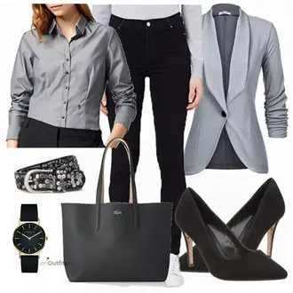 Outfit mit Grau/Dunkelgrau Bluse mit Stehkragen/Bluse Mit Ellen­bogen-patch/LangarmBluse/Bluse Mit Knopf/Business Bluse/Bügelfreie Bluse Seidensticker "Unibelle"