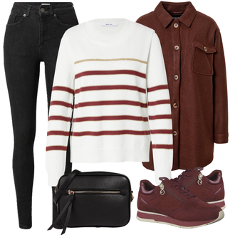 Outfit mit Braun/Dunkelbraun/Dunkelrot/Rot/Bordeaux Wolljacke/Shirtjacke/Cordjacke/Nachhaltige Jacke/Herbstjacke/Lodenmantel/Wintermantel Wollmantel/Vintage Mantel/Wollfleece Mantel/Übergangsmantel Pieces "Cooles Herbst Outfit"