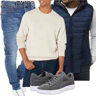 Outfit mit Dunkelblau/Hellblau Trachtenweste/Kurze Weste/Kunstfaserweste/Daunenweste/Wendeweste/Ärmellose Weste/Puffer Weste/Steppweste OZONEE "Stilvoller Look für den Frühling"