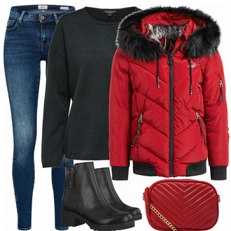 Outfit met rood Khujo "Rode winterjas"