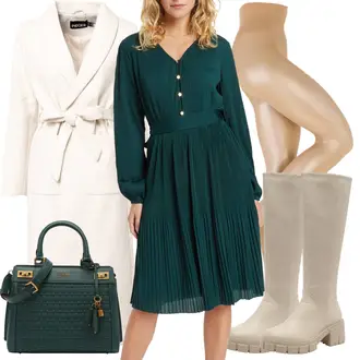 Button Down Outfit mit DunkelGrün/Grün/Türkis Kleid Große Größe/Kleid mit Gürtel/HerbstKleid/StrickKleid/Langärmliges Kleid/Langärmliges WinterKleid/Plissee Kleid/Standesamt Kleid/HemdKleid/Tunika About You "Unvergessliches Outfit mit Kleid und Stiefel"