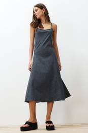 Anthracite 100% Cotton Adjustable Straps Vintage Effect Cotton Knitted Midi Dress