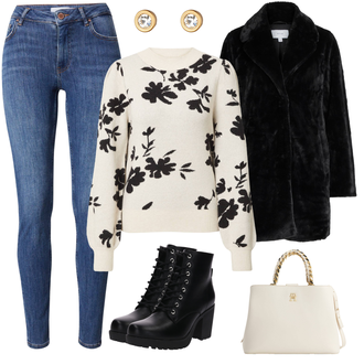 Outfit mit Blau/Dunkelblau/Hellblau Lederjacke/Damen 7/8-Länge Jeans/High Waist Jeans/Jeans mit Schlitz/Push up Jeans/Schlupfjeans/Leder Schuhe/Winterjacke Vila "Warmer Look"