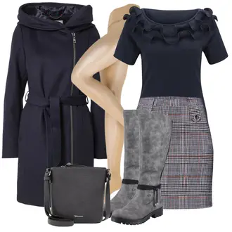 Outfit mit Grau/Dunkelgrau/Dunkelblau/Blau/Lila Short Große Größe/Strick Große/70er Minirock/Boucle Rock/Hahnentritt Rock/Minirock/Karierter Rock/Tweed Rock About You "Perfekt für den Herbst"