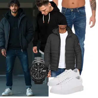 Outfit mit Dunkelgrau/Grau/Hellgrau/Schwarz Winterjacke/Hybridjacke/Daunenjacke/Kunstfaserjacke/Kapuzenjacke/Puffer Jacke/Isolationsjacke/Thermojacke Indicode "Freizeit Outfit"