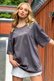 Trend Alaat Stili Women's Anthracite Crew Neck Front Embroidered Oversized T-Shirt