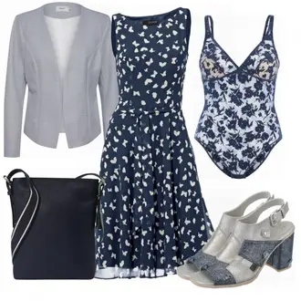 Outfit mit Dunkelblau/Blau Kleid Große Größe/Polka Dot-Kleid/Sommerkleid/50er Jahre Kleid/Ärmelloses Kleid/A-Linien Kleid/Bedrucktes Kleid/Fit & Flare Kleid Heine "Esprit Tasche"