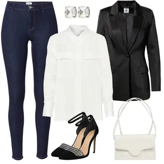 Outfit mit Schwarz/Weiß/Gelb Bequemer Pump/Sandalette/Spangenpump/High Heel/Eleganter Schuh/Hochfrontpump/Sandalen Mit Absatz/High Heel Pumps Guess "Date Night Look"