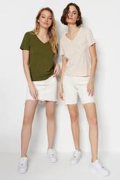 Khaki-Beige 100% Cotton 2-Pack Basic V-Neck Knitted T-Shirt