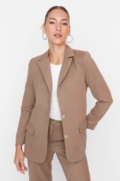 Khaki Suede Woven Buttoned Blazer Jacket