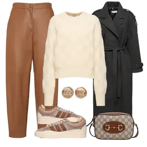 Outfit met Zwart Premium Mantel the frankie shop, Crème/Wit/Beige/Khaki Premium Gebreide kleding Anine Bing, Grijs/Zwart/Beige/Bruin/Wit Schoudertas/Premium Tas/Kleine Tas/Riemtas/Bum tas/Crossbodytas/Handtas/Brief Portemonnee Gucci, Gouden Premium Accessoire/Oorknopje/Oorclip DOLCE & GABBANA "Outfit voor de herfst"