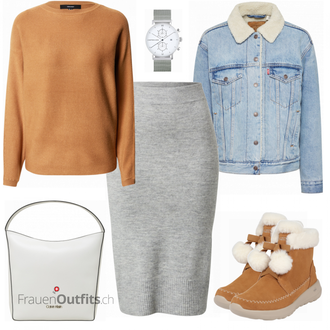 Outfit mit Braun Stiefel Skechers "Warmer Alltagslook"