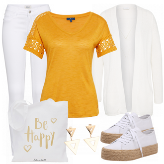 Outfit mit Weiß/Schwarz/Braun Bluse mit Lochstickerei/Bluse Oberteil/Kinderspielzeug/Schößchen­bluse/Verspielte Bluse/Volantbluse/Damen 7/8-Länge Jeans/Cropped Jeans/Schlaghose Jeans/Jeans-Culotte/Bundfaltenjeans/Formelles Hemd/Wide Leg Jean Only "BeHappy"