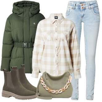 Outfit s Tmavě Zelená/Zelená Zimní Bund/Puchová Bund/Nafukovací Bund/Letní peřová bunda/Zimní Parka/Udržitelná bunda Calvin Klein "Stylový zimní outfity"