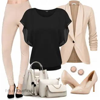Elegant Outfit mit Schwarz Transparente Bluse/Offene Bluse/Bluse/VolantBluse/Bluse Oberteil/KurzarmBluse Zeagoo "Stylischer Bürolook"Look: Stil, Casual, Edel, Mom, Coole, Elegant, Old Money