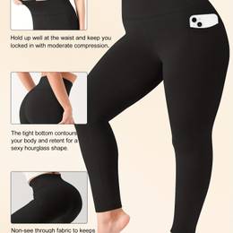 Women's Plus Size High Waist Tummy Control Leggings With Pockets, 88% Polyester 12% Elastane, Solid Color Athletic Yoga Pants, Knit Fabric,
