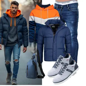 Outfit mit Dunkelblau/Blau Thermojacke/Isolationsjacke/Sommerdaunenjacke/Kunstfaserjacke/Winterjacke/Puffer Jacke/Daunenjacke Indicode "Freizeit Outfit"