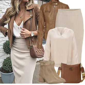 Krásný Outfit s Khaki/Hnědá/Béžová Kožené Bund Kožená vintage bunda/Bunda s Bočním Zipem/Kožená Bomber Bund/Motorkářská bunda/Motorkářské Bund/Bunda z Umělé Kůže/Kožené Bund Only "Jarní Outfit"Look: Western, Moderní, Mom, Krásný, Venkovní, Univerzitní, Pracovní oděvy, 80tá léta