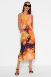 Orange Floral Print Straight Cut Halter Neck Midi Satin Lined Woven Dress