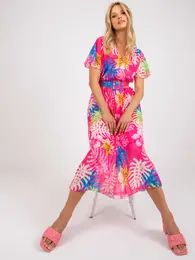 Roza nagubana midi obleka s tropskim tiskom