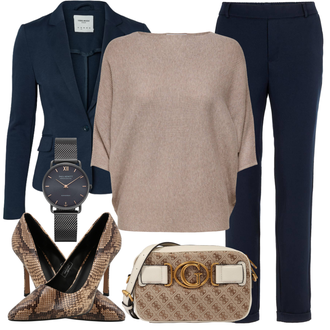 Outfit mit DunkelBlau/HellBlau/Blau Lederjacke/Blazerjacke/Blusenblazer/Boyfriend Blazer/Lässiger Blazer/Baumwoll ­Blazer/Eleganter Blazer/Strick­blazer/Kurzblazer/Sweatblazer/Lederjacke für Männer/Lederjacke VERO MODA "Eleganter Look"