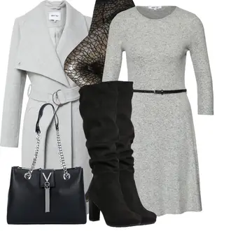 Business Outfits Business, Casual mit Grau/Hellgrau 3/4 Arm Kleid/Kleid mit Gürtel/Blazer Kleid/Business Kleid/Kleid mit Tasche/Fit & Flare Kleid/StrickKleid/SkaterKleid/PulloverKleid/Tweed Kleid/Winter StrickKleid About You "Casual Business Outfit"Look: Business, Büro, Overdressed, Uni