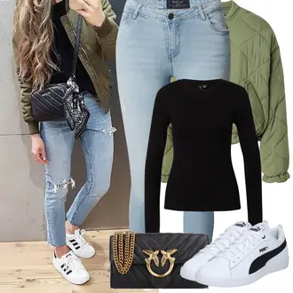 Jeans Outfits Skinny mit Hellblau Lederjacke/Ankle Boot/Cropped Jeans/Jeans mit Schlitz/Jeans mit Loch/Push up Jeans/Leather jackets Noisy may "Frühling outfit"