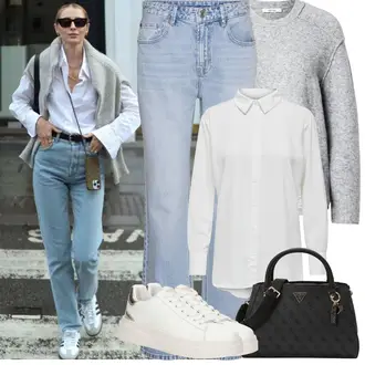 tenues avec Bleu clair Pantalon Grande Taille/T-shirt/Jean Évasé/Jeans avec Fente/Veste en Cuir pour Homme/Jeans vintage/Jean Large VERO MODA "Tenue de printemps"