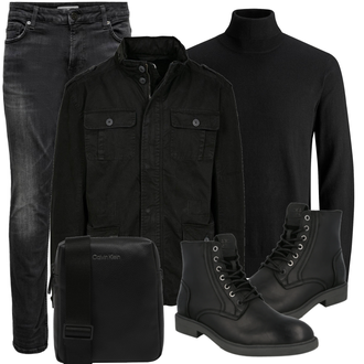 Outfit mit Schwarz Rollkragenpullover/Feinstrickpullover/Wollpullover/Kaschmir Pullover/Basic Pullover/Einfacher Pullover Jack & Jones "Praktischer Look"