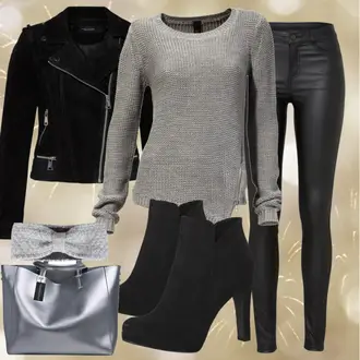 Party Outfits mit Schwarz/Weiß Lederjacke/Lederimitathose/Lederlegging/Leggings Lederoptik/Lederhose/Skinny Hose/Treggings/Biker Jeans/Thermojeans Vila "SilvesterCool"