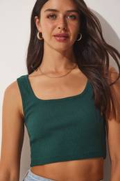 Happiness stanbul Women's Emerald Green Strappy Corded Crop Knitted Blouse