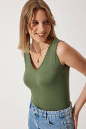 Happiness stanbul Women's Khaki Deep Front Back V Neck Viscose Blouse