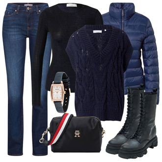 Outfity na zimu s Modrá/Fialová/Růžová Rovná Džína/Džíny s Rozparkem/Pánské tričko/Džíny Regular Fit/Džíny s Nízkým Sedem/Kožená Pánská Bund/Zvonové Džíny/Kožené Boty/Džín s Nízkým Pasem Tommy Hilfiger "Zimní outfity"