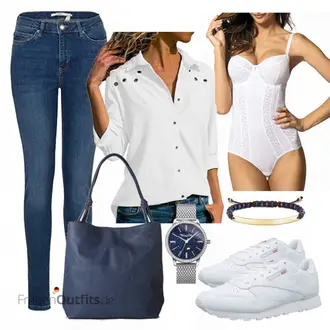 Jeans Outfit mit Weiß/Creme LangarmBluse/Einfarbige Bluse/Slim Fit Bluse/Bluse Mit Ellen­bogen-patch/Bluse Mit Knopf Aleumdr "Aleumdr Bluse"
