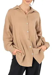 Sublevel Damen Musselin Muslin Basic Long-Bluse Langarm Oversize Baumwolle Middle-beige M/L