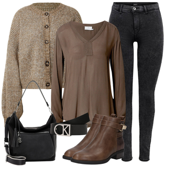 80er Outfit mit Braun/Dunkelbraun/Beige Rahmengenähter Schuh/Vintage Stiefel/Vintage Stiefelette/Reitstiefel/Gefütterte Stiefelette/Leder Stiefelette/Cowboystiefel/Klassischer Stiefel/Chelsea Boot/Lederjacke About You "Perfekt für den Herbst"Look: Uni, 80er, Country Styl, Cowgirl, Duckfeet, Schön, Western