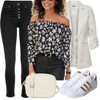 Outfit mit Schwarz/Rosa/Braun/Blau Lederjacke/Verspielte Bluse/Bluse Oberteil/Carmen­bluse/Gemusterte Bluse/Druckbluse Lascana "Freizeit Outfit"