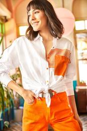 Women's White Orange Pocket Detailed Oversize Woven Shirt