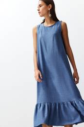 Indigo Straight Cut Sleeveless Crew Neck Midi Aerobin Woven Dress