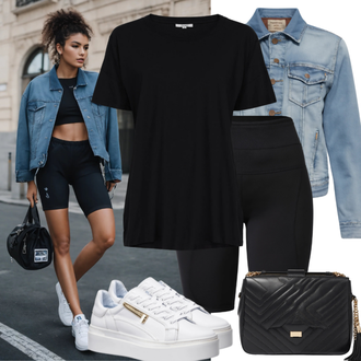 tenues avec Bleu Veste en Jean/Veste d'Été/Veste Vintage/Veste de Chemise/Veste D'entraîneur Versace Jeans Couture "Tenue Stillvoles avec des t-shirts oversize et un short de cycliste"
