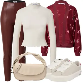 Outfit mit Rot/DunkelRot/Bordeaux/Braun Hose Große Größe/Lederimitathose/Lederlegging/Leggings Lederoptik/Lederhose/Leggings Große Größe Edited "Frühlings Outfit"
