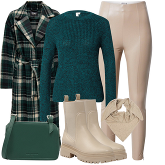 Outfit mit Beige/Braun/Weiß/Khaki/Grau Tuch/Loop Schal/Bandana/Schal Zwillingsherz "Modischer Look für den Herbst"