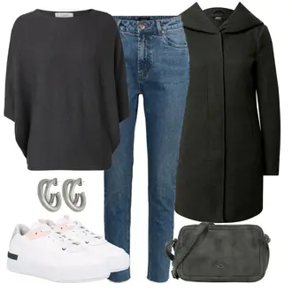 Outfit mit Schwarz/Grau/Dunkelgrau Strick Große/Klassische Tunika/Bluse Lederjacke/Oversize Bluse/Tuniken-Shirt/Shirt & Top Große Größe/Tunika/Pullover Mit Fledermausärmel/Kaschmir Pullover JdY "Alltagsoutfit"