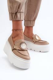 3458 Women's Leather Loafers With Ornament Beige