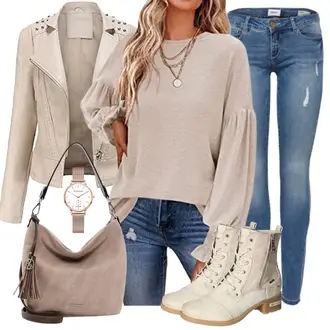 Classic Outfit mit Beige/Braun/Khaki Ajourstrickjacke/Außergewöhnliche Jacke/Motorradjacke/Frühlingsjacke/KunstLederjacke/Bikerjacke GITVIENAR "Modisches Winter Outfit"Look: Stil, Classic, Rad, Boyfriend, Elegant, Coole, Uni, Moderne, Schön
